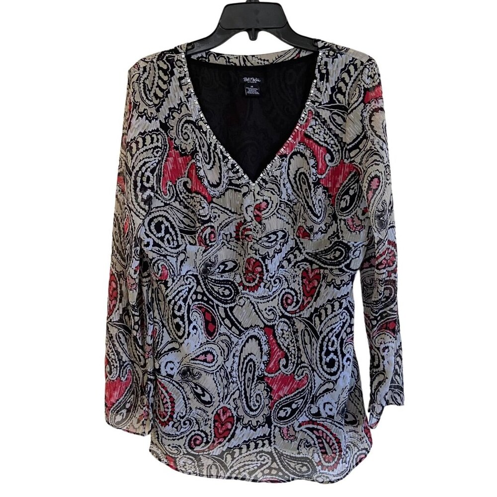 Bob Mackie Blouse Paisley Beads Size 14 Grey & Red - Lined